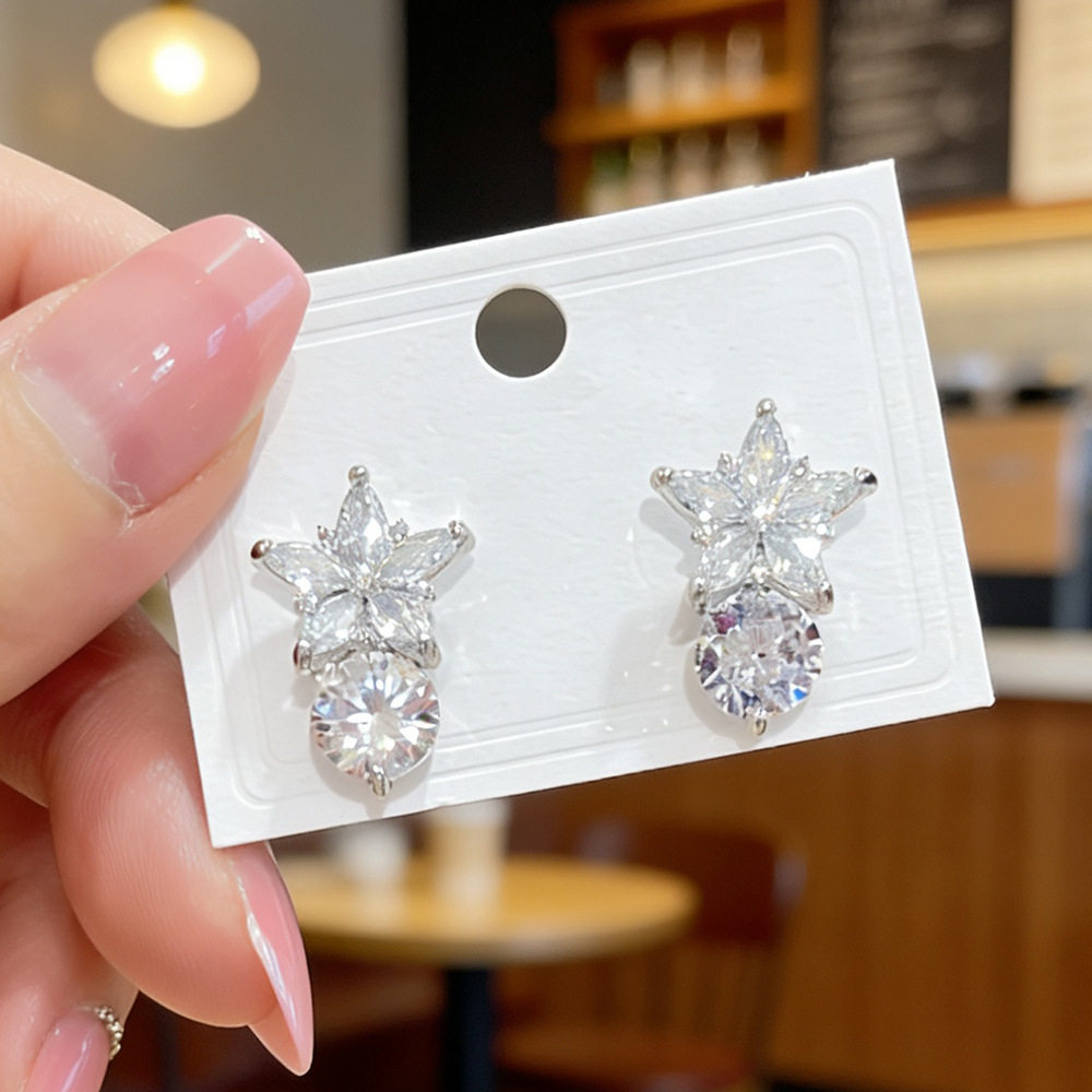 钯白K电镀雪花满钻微镶满锆耳钉 超仙法式轻奢星星圆锆石耳环批发