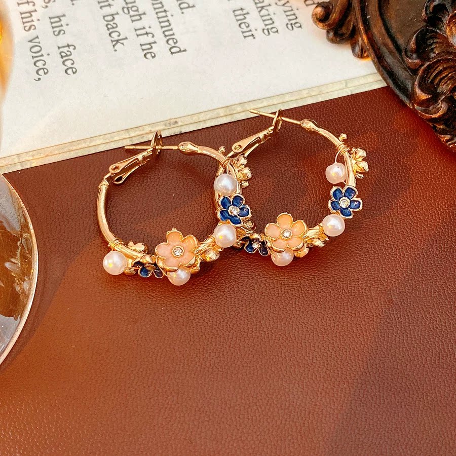 中古vintage珐琅花朵珍珠耳圈时尚复古百搭耳钉小众高级感耳饰女