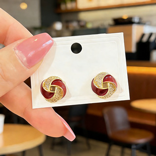 真金电镀安克拉红过年喜庆滴油扭花耳钉同心结圆圈微镶轻奢耳饰品