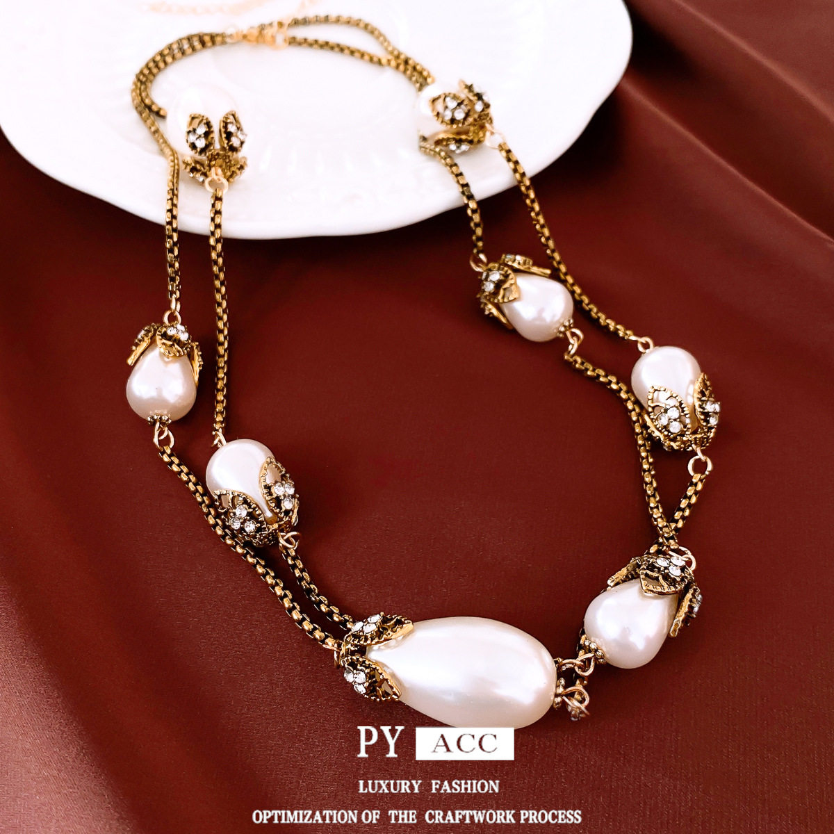镶钻珍珠花朵水滴吊坠项链个性设计感毛衣链轻奢高级感百搭项饰女