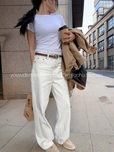 女春秋百搭阔腿直筒裤 004M白色高支棉牛仔裤 米老虎 忧郁