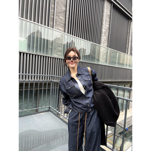 阔腿长裤 原色设计感蝙蝠收腰廓形牛仔衬衫 春秋女 米老虎 忧郁