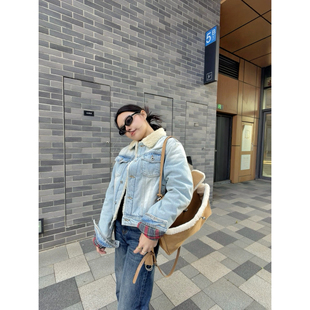 忧郁的米老虎/复古做旧格纹羊羔绒夹棉牛仔水洗棉服夹克外套女