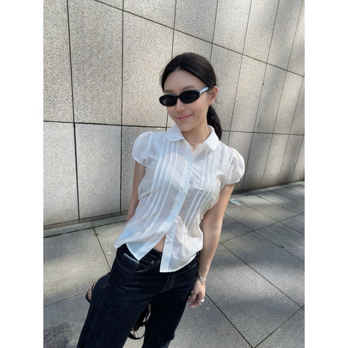 忧郁的米老虎/宅女同款彼得娃娃领花边系带短袖衬衫泡泡袖衬衣