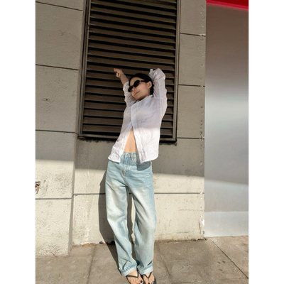 忧郁的米老虎/0044M水洗浅蓝磨白宽松中高腰牛仔直筒裤女阔腿长裤