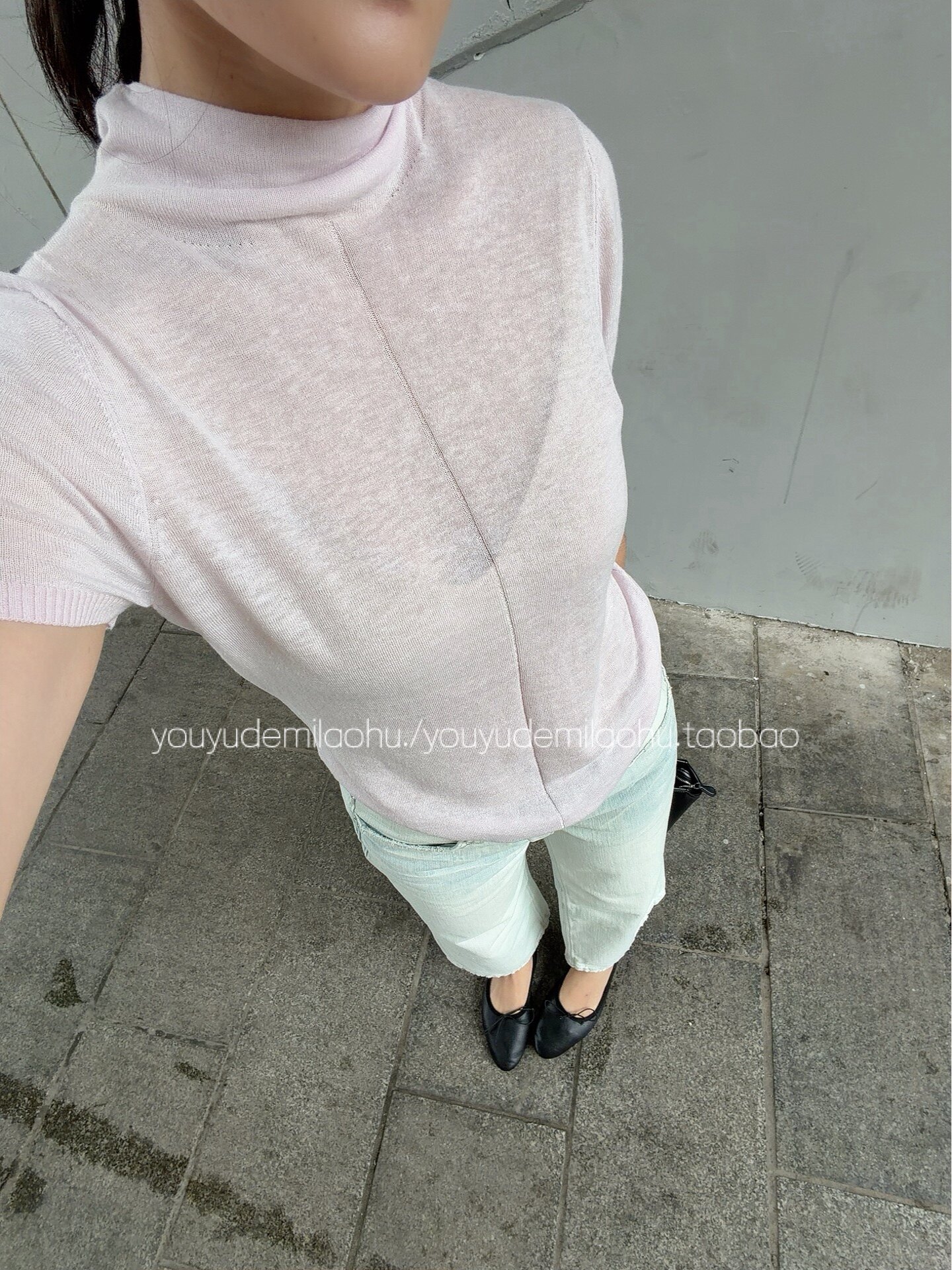 亚麻棉堆堆领短袖显瘦针织上衣
