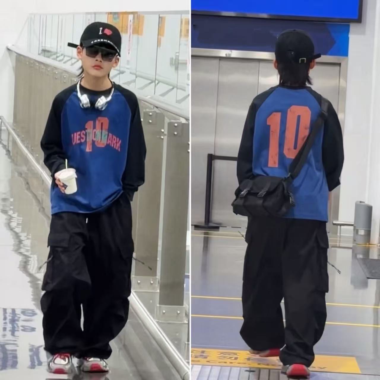 嘟妈童装青少年秋季新款插肩袖男童撞色数字印花宽松打底衫5822
