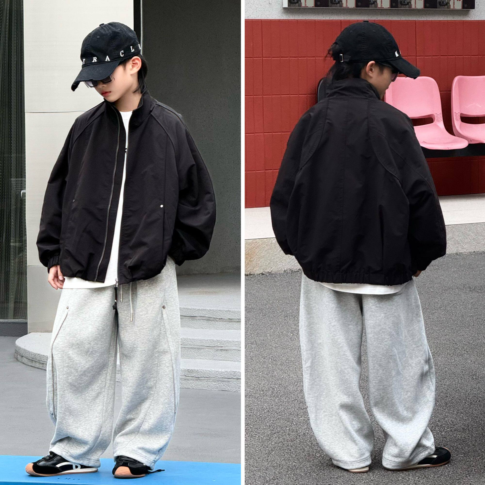 嘟妈童装中大童男童黑色拉链外套立领春秋百搭宽松外衣新款5895
