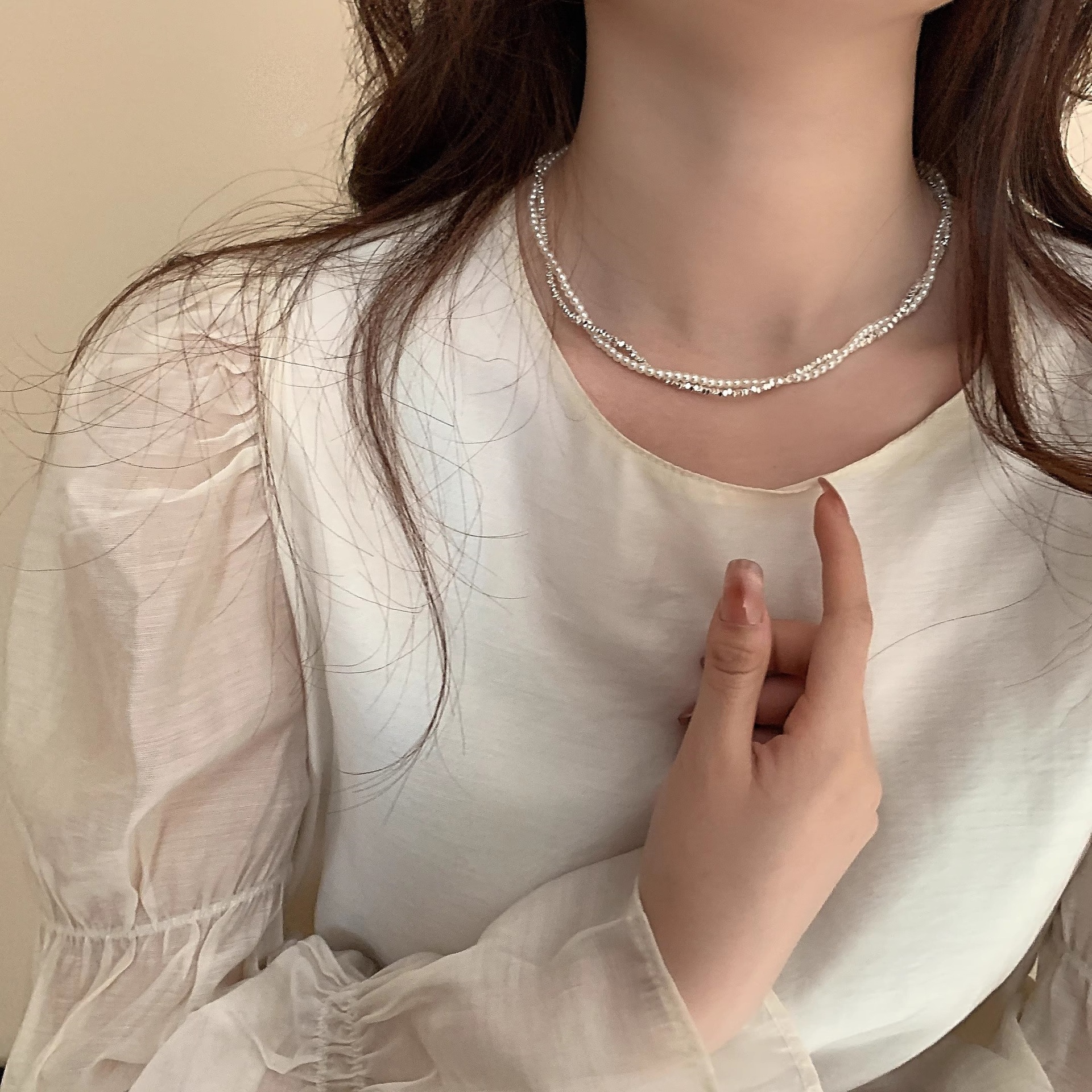 银贝S925纯银双层珍珠碎银子麻花叠戴项链女式轻奢小众设计锁骨