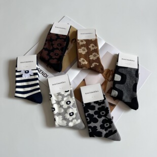 袜 ko花朵印花弹力中高筒文艺堆堆袜四季 多巴胺单品 北欧芬兰Mar
