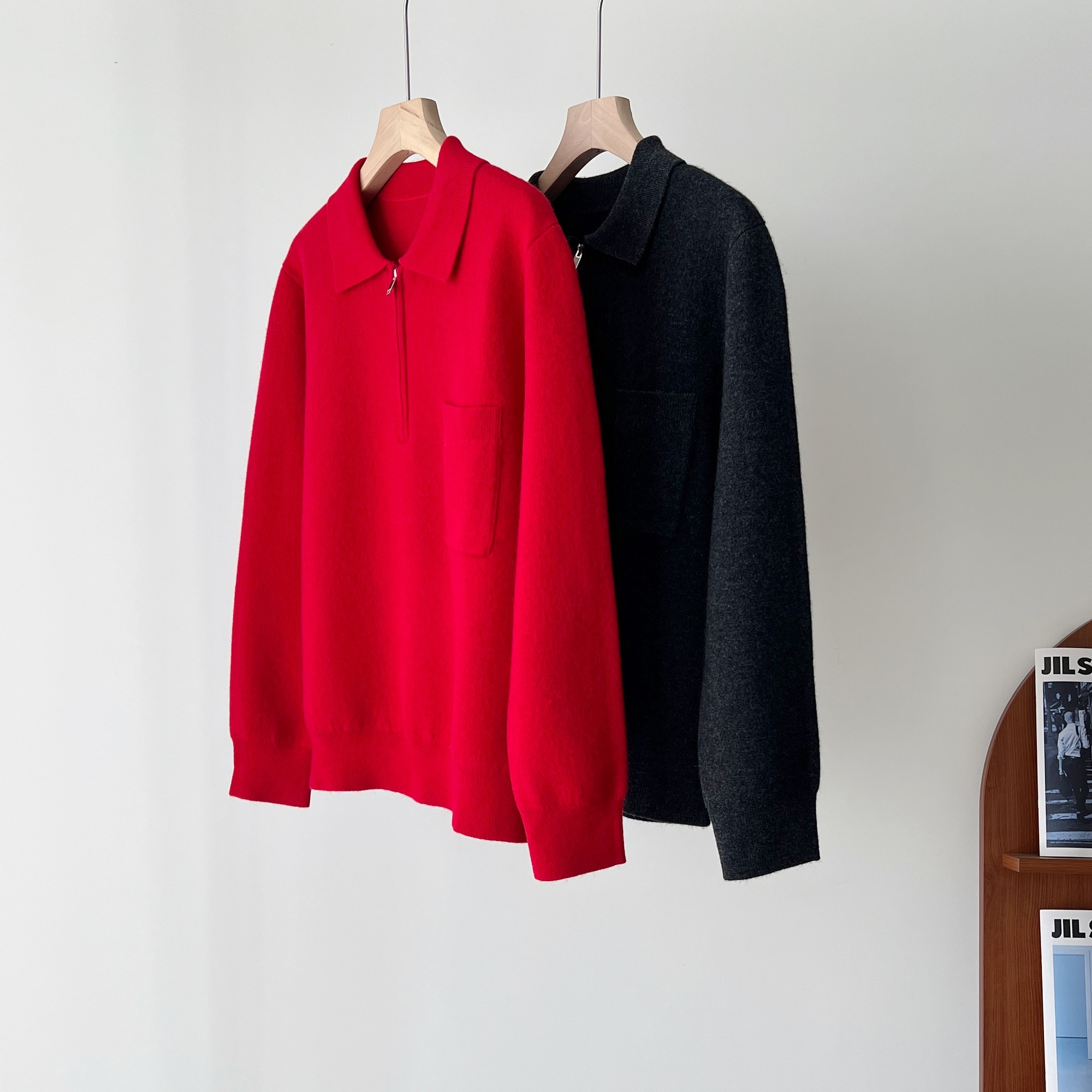 山羊绒高密织半拉链翻领针织衫