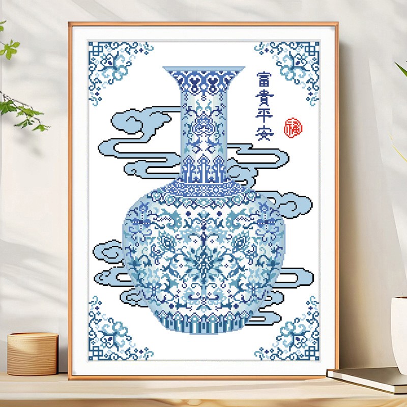 印花十字绣富贵平安青瓷器花瓶新款竖版小件客厅玄关手工绣线挂画