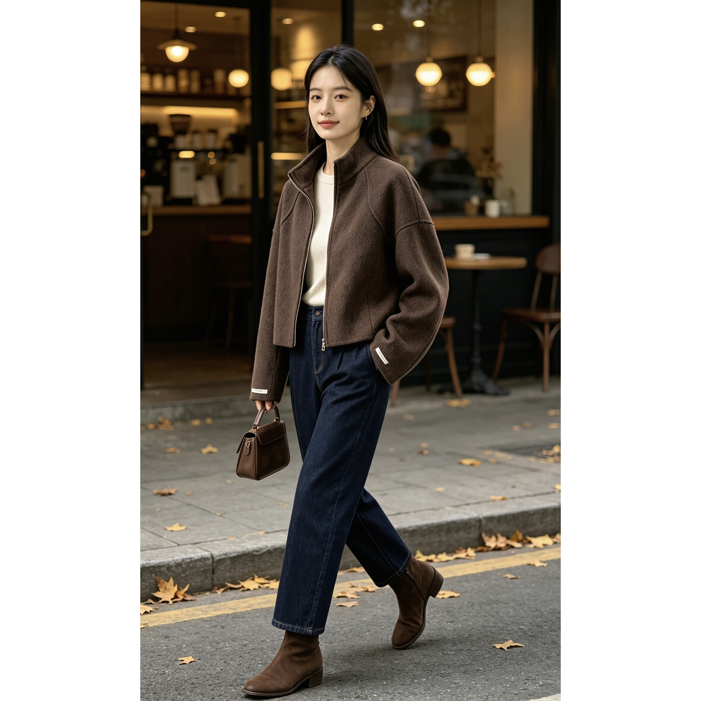 秋冬新款慵懒风双拉链毛呢外套女短款宽松高级感羊毛大衣