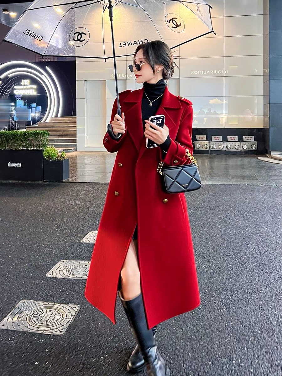 东大门秋冬季新款女风衣肩章款大衣双面呢羊绒大衣系腰带修身长款