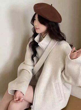 法式双面羊毛呢短款拉链大衣女