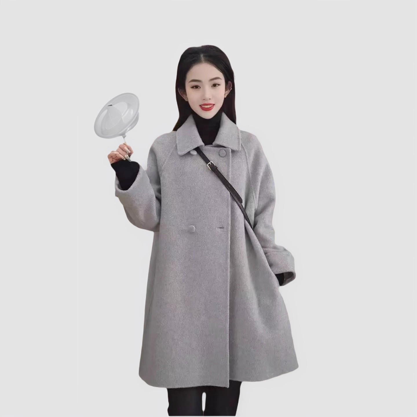 双面羊毛大衣女中长小个子娃娃领