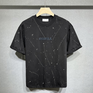 潮牌泼墨刺绣纯棉短袖 潮流休闲圆领半袖 T恤男士 新款 上衣 夏季 美式