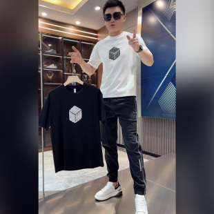 潮男ins超火上衣夏 圆领t恤衫 立体几何印花短袖 男青年简约百搭修身