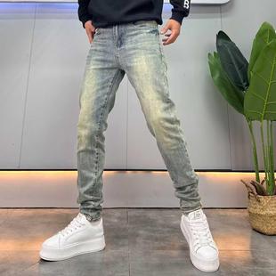 字母印花弹力铅笔长裤 高端重工水洗蓝色复古牛仔裤 新款 秋季 男修身