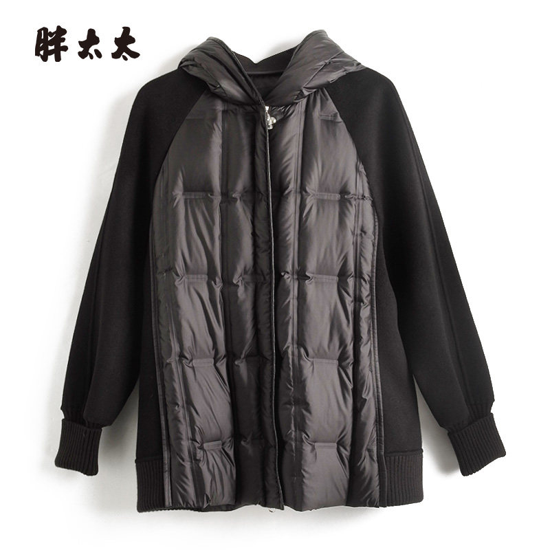 连帽羽绒服胖太太拼接风