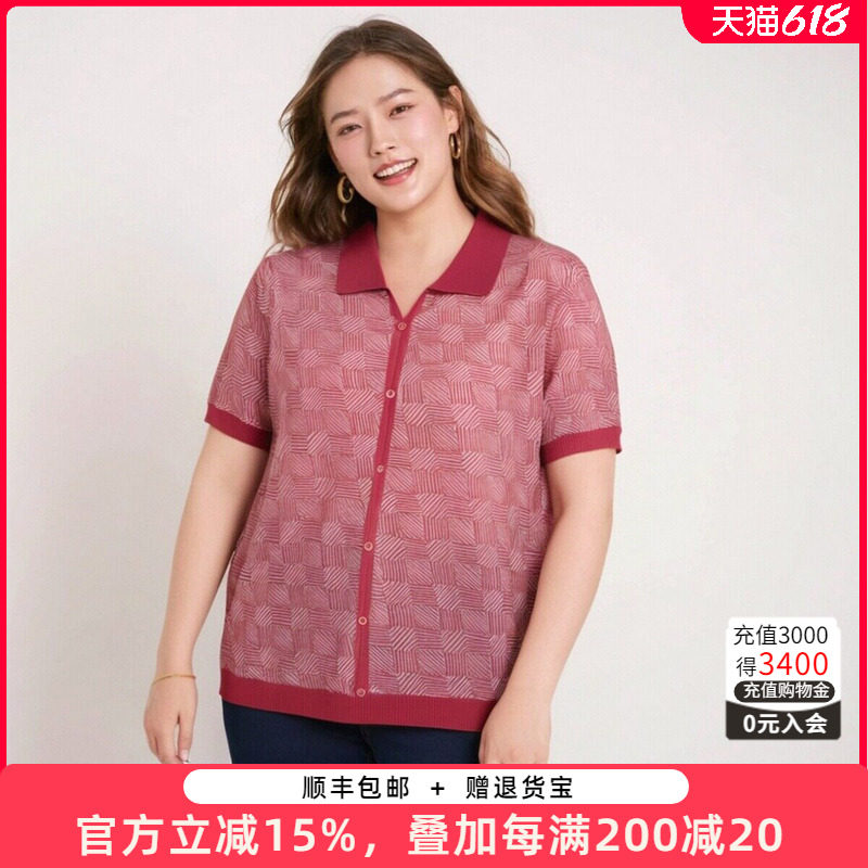 胖太太大码女装春夏新款时尚几何图案翻领休闲薄针织衫624200210