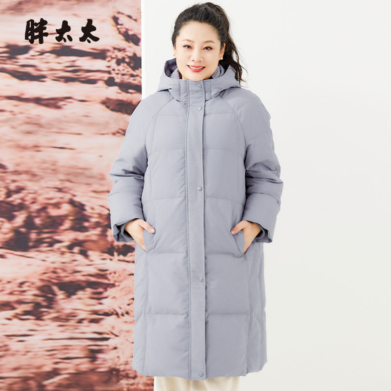 胖太太羽绒服连帽宽松中长款