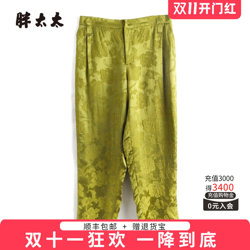 胖太太休闲裤松紧腰暗花图案弹力