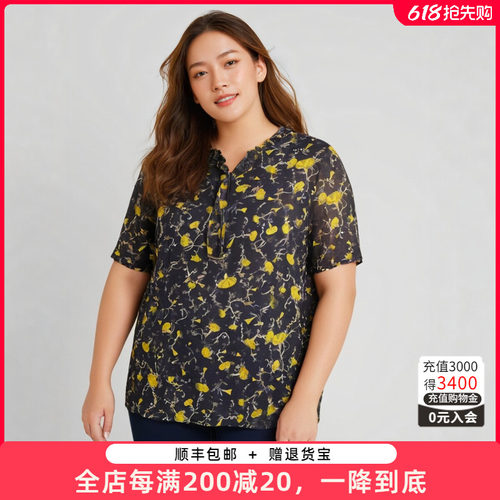 胖太太衬衫碎花图案木耳V领