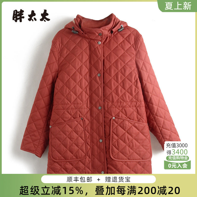 胖太太大码女装秋冬季新款红色纳格连帽中长款棉服外套424402911