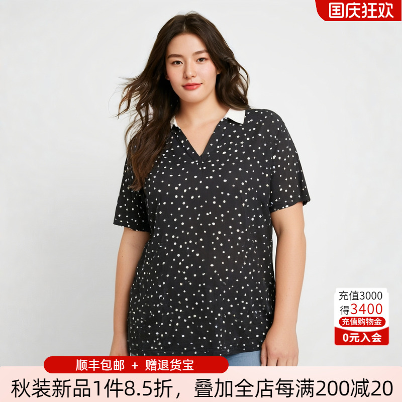 胖太太衬衫V领波点宽松
