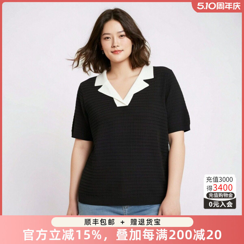 胖太太大码女装春夏新款西装领短袖针织衫上衣T恤显瘦622104710