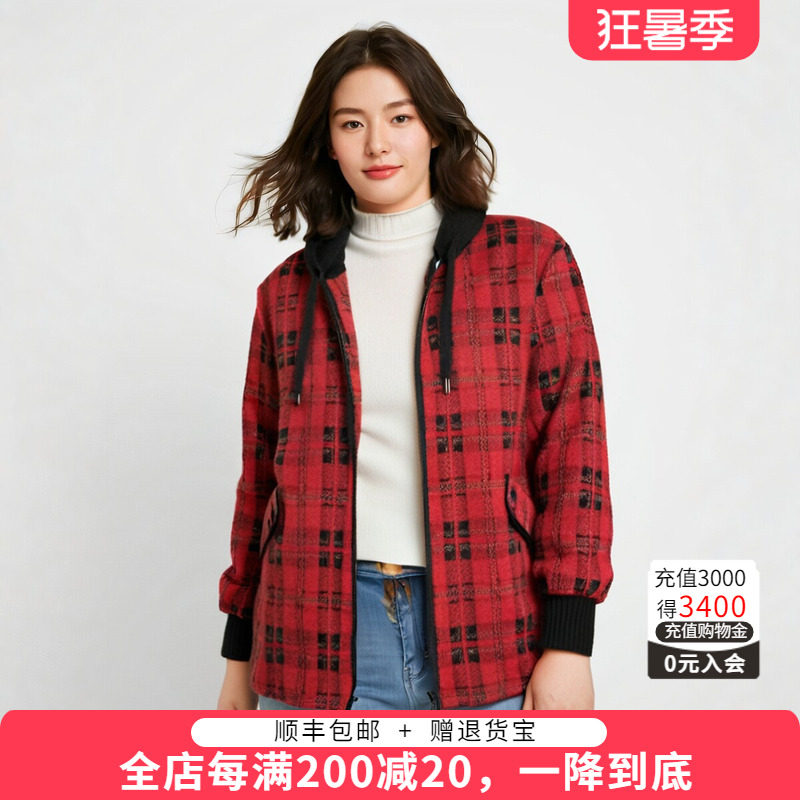 连帽外套胖太太格纹图案
