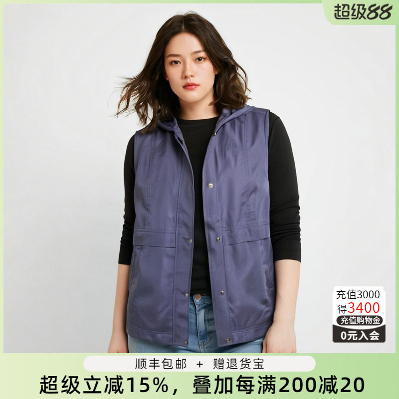 胖太太大码女装春装新款蓝色连帽弹力马甲背心妈妈装潮324213812