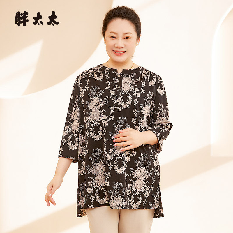 胖太太衬衫立领七分袖碎花