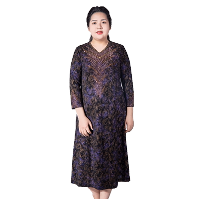 胖太太大码女装春秋新品七分袖镶钻喜庆婚礼连衣裙V领潮822216841