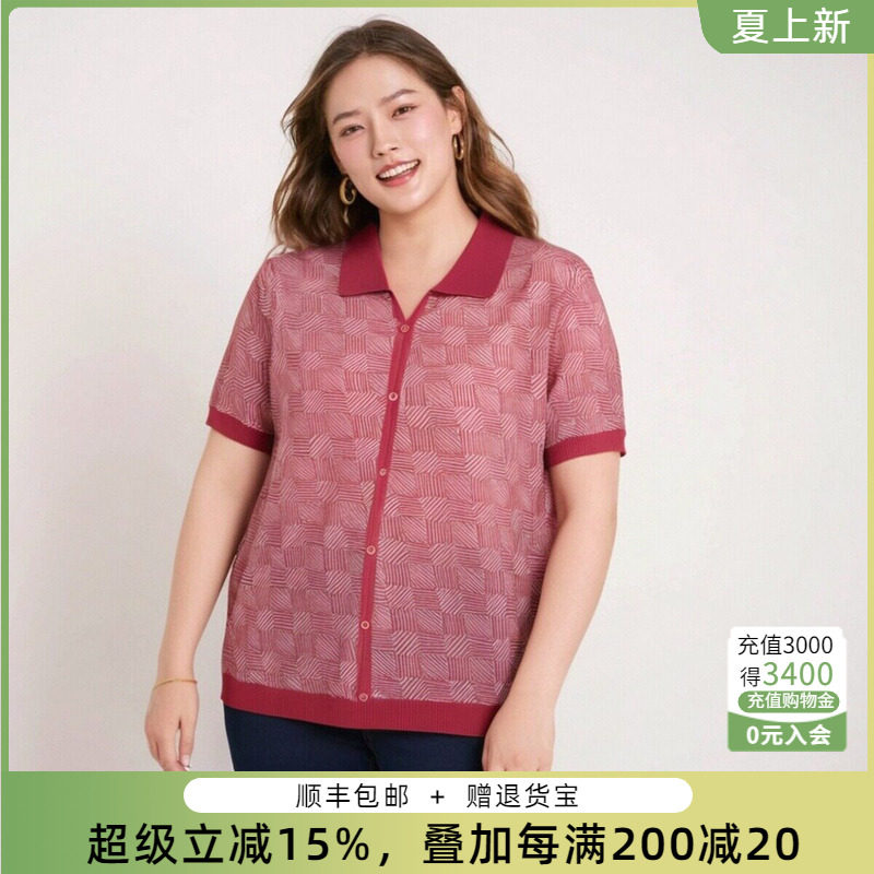 胖太太大码女装春夏新款时尚几何图案翻领休闲薄针织衫624200210