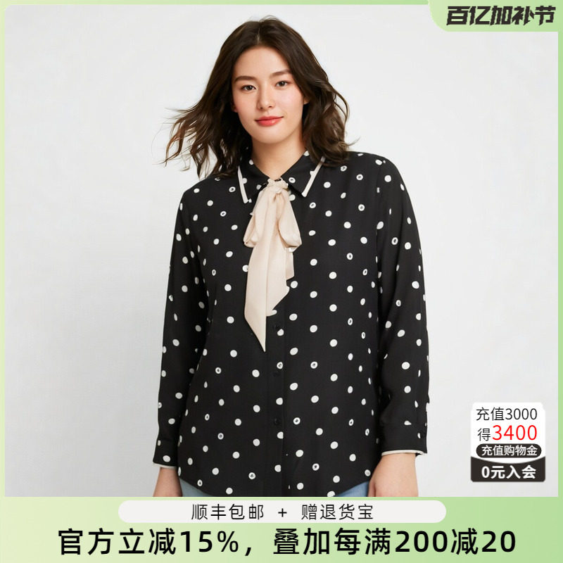 胖太太大码女装春装新款时尚波点飘带衬衫上衣宽松长袖724127010