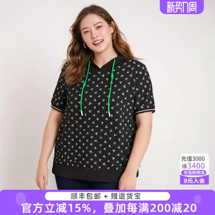 时尚 春夏新款 深蓝色花色带帽休闲薄T恤324201910 女装 胖太太大码