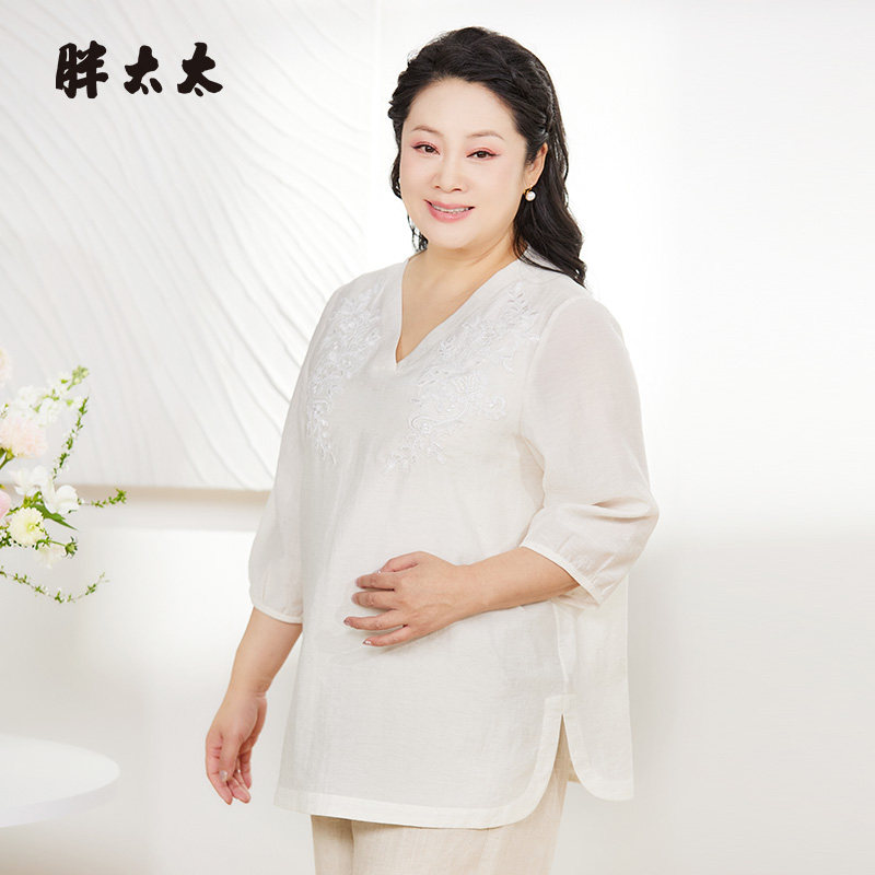 胖太太大码女装春夏新款V领衬衫暗花七分袖宽松时尚休闲325111410