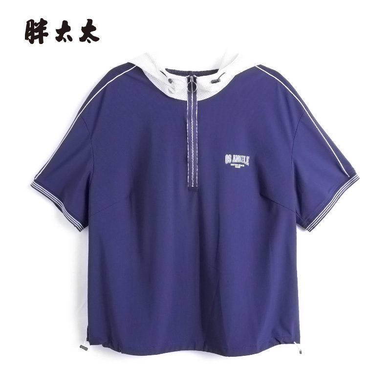 胖太太T恤连帽拼接宽松