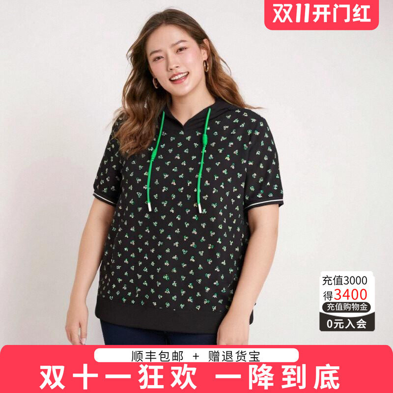 胖太太T恤连帽花色宽松舒适