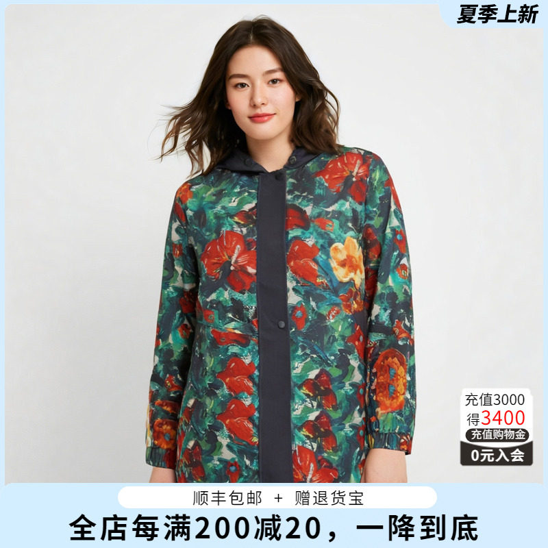 连帽宽松胖太太花卉印花图案