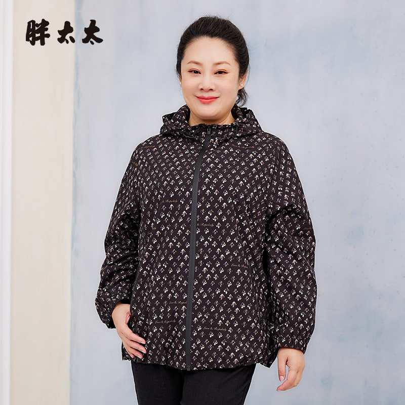 胖太太外套连帽碎花图案宽松