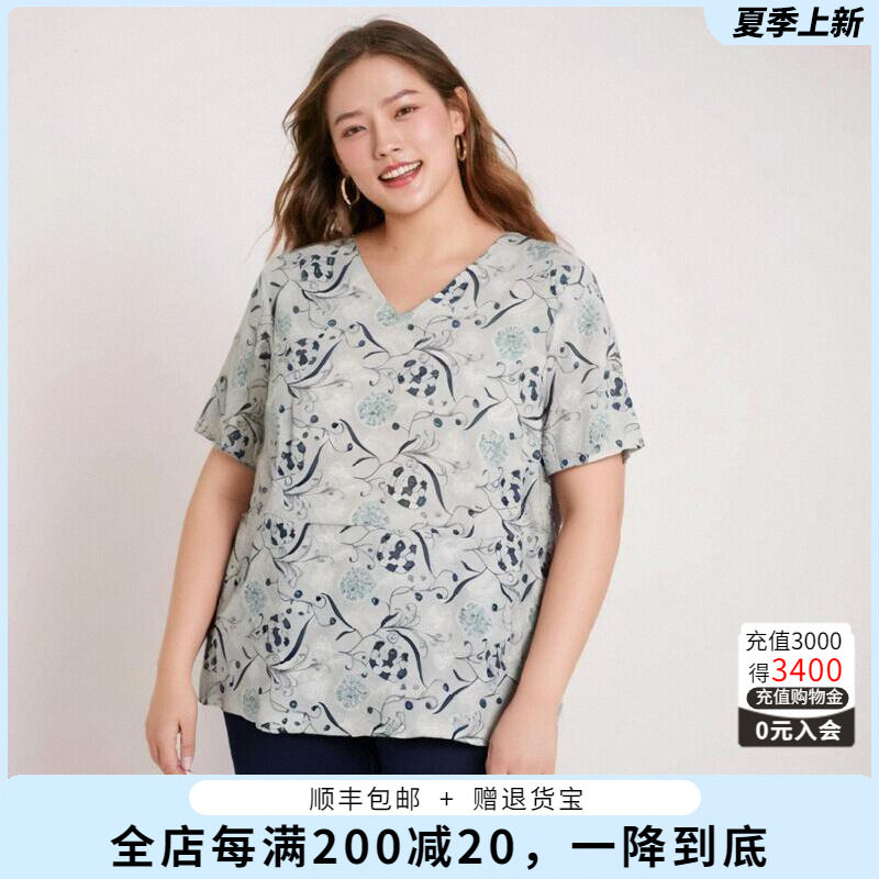 胖太太衬衫V领碎花短款