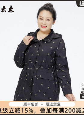 胖太太风衣连帽中长宽松