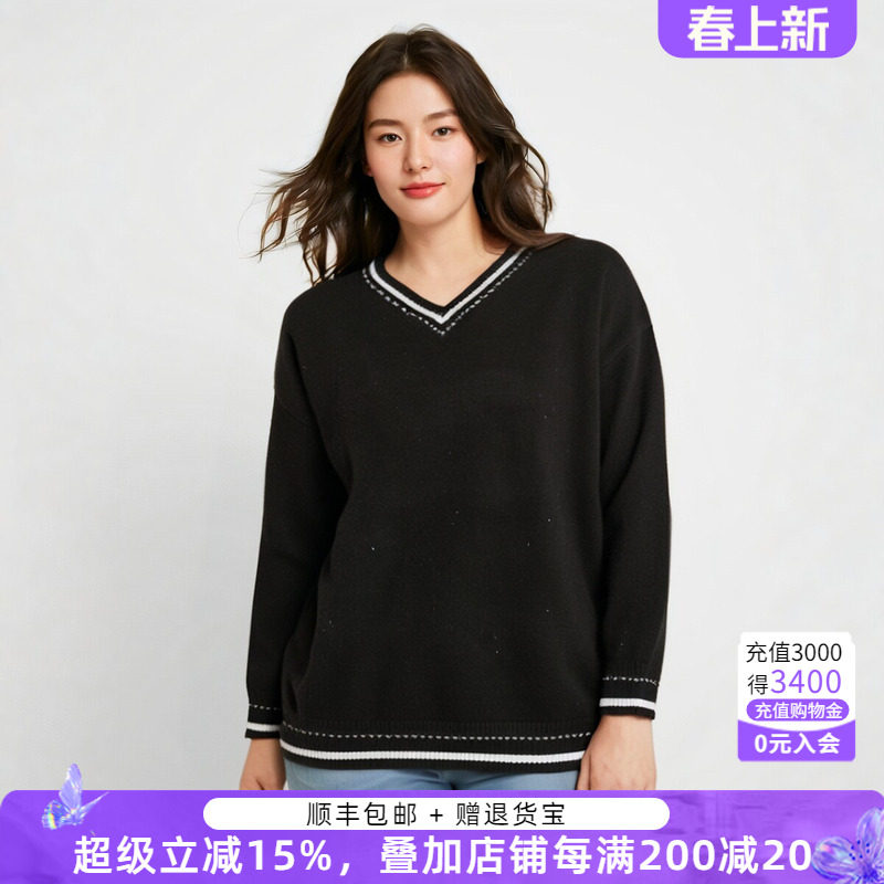 胖太太大码女装秋冬新款V领上衣针织套头衫时尚羊毛衫潮621303610