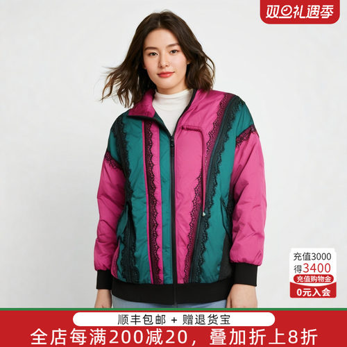 胖太太羽绒服连帽撞色宽松
