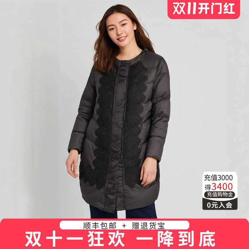 胖太太大码女装冬装新款时尚蕾丝轻薄中长款羽绒服保暖520406010