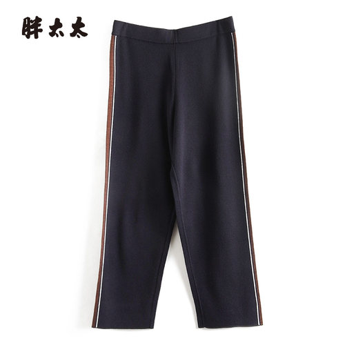 针织裤胖太太松紧腰织条装饰