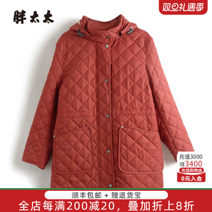 红色纳格连帽中长款 胖太太大码 新款 秋冬季 棉服外套424402911 女装